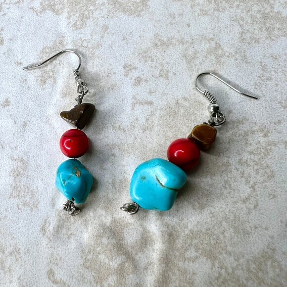Boho Turquoise Jasper Cat’s Eye Dangle Earrings Southwestern Silver tone - Picture 1 of 7